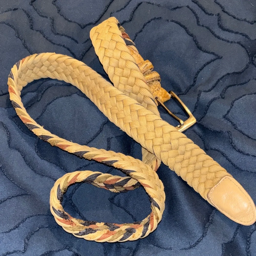 Men’s Multicolor Woven Braided Belt, Real Crocodile Leather Trim, Brass Buckle